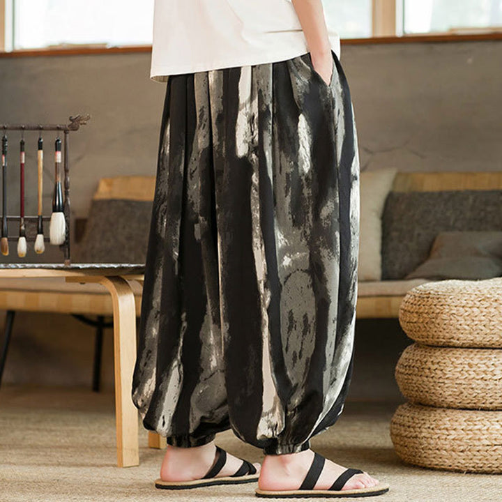 Buddha Stonesブラック ホワイト インク グラデーション コットン リネン 編み込み ドローストリング メンズ ハーレムパンツ ポケット付き - image 4