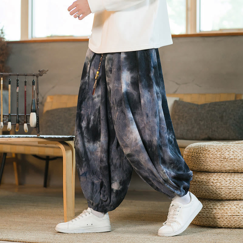 Buddha Stonesインク タイダイ編み ドローストリング コーデュロイ コットン メンズ ハーレムパンツ ポケット付き