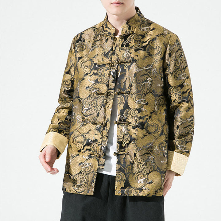 Buddha Stones中国龍 カエルボタン 唐装 コットン メンズ ジャケット シャツ  - 金 - US/UK/AU46、 EU56 (5XL) - image 0