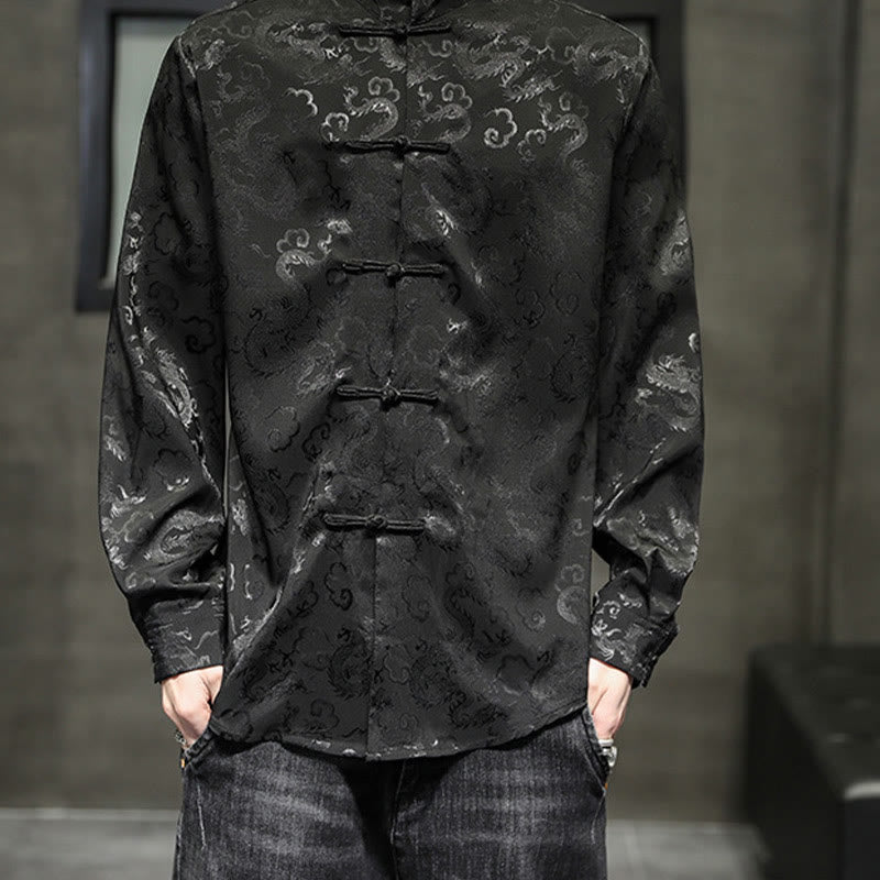 Buddha Stonesカジュアルドラゴン柄カエルボタン唐装リネンメンズジャケットシャツ - image 36