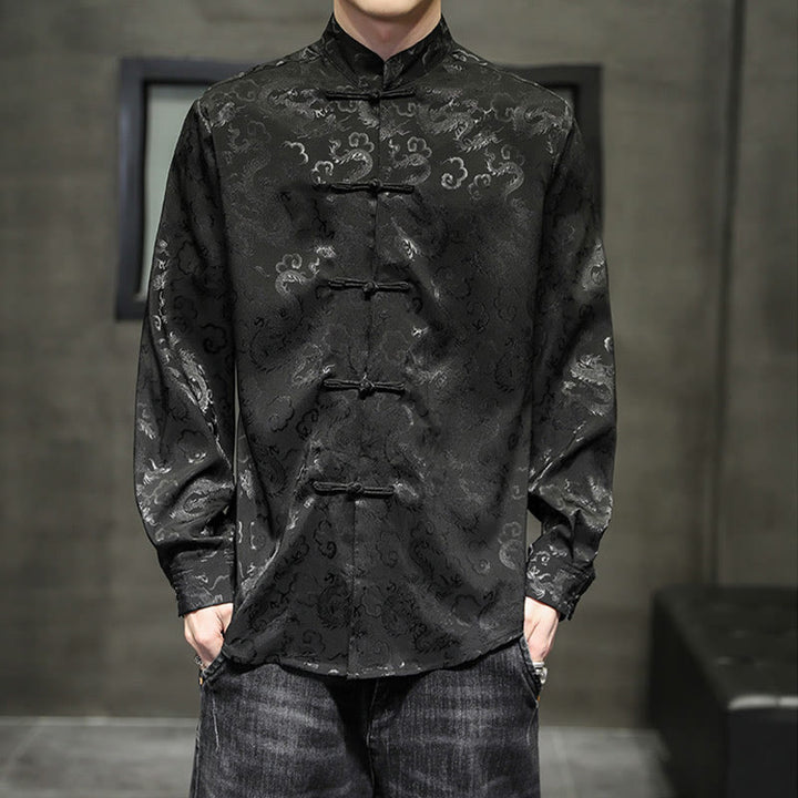 Buddha Stonesカジュアルドラゴン柄カエルボタン唐装リネンメンズジャケットシャツ - 黒 - US/UK/AU46、 EU56 (5XL) - image 30