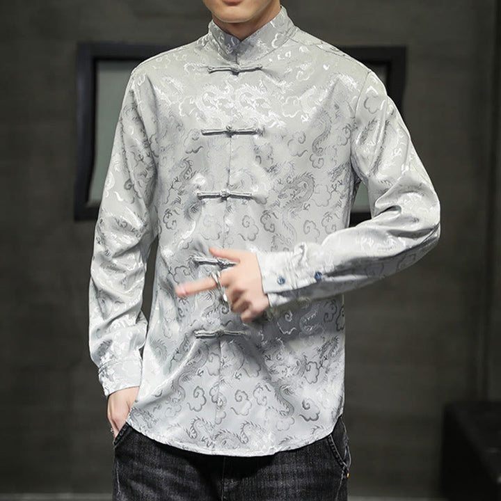 Buddha Stonesカジュアルドラゴン柄カエルボタン唐装リネンメンズジャケットシャツ - image 25