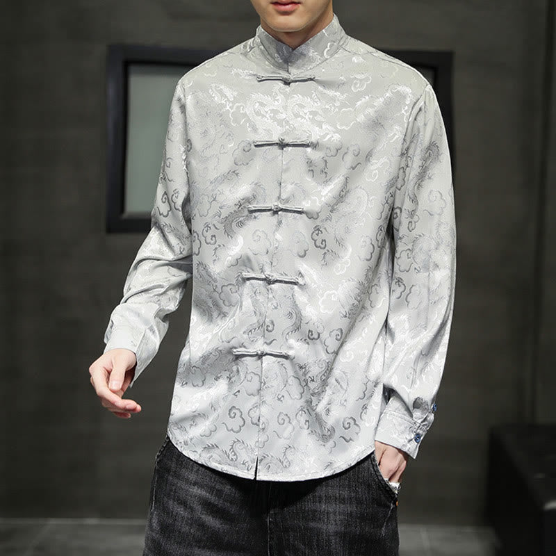 Buddha Stonesカジュアルドラゴン柄カエルボタン唐装リネンメンズジャケットシャツ - image 24