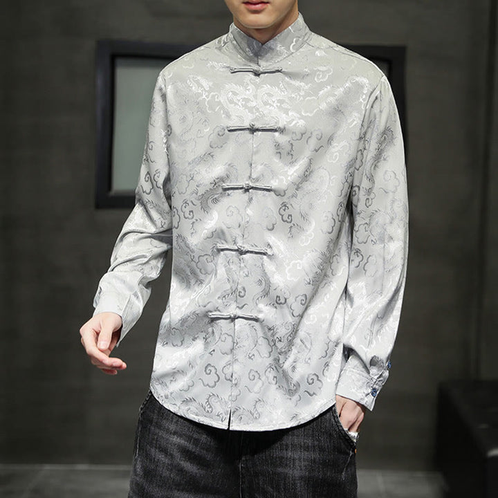 Buddha Stonesカジュアルドラゴン柄カエルボタン唐装リネンメンズジャケットシャツ - image 24