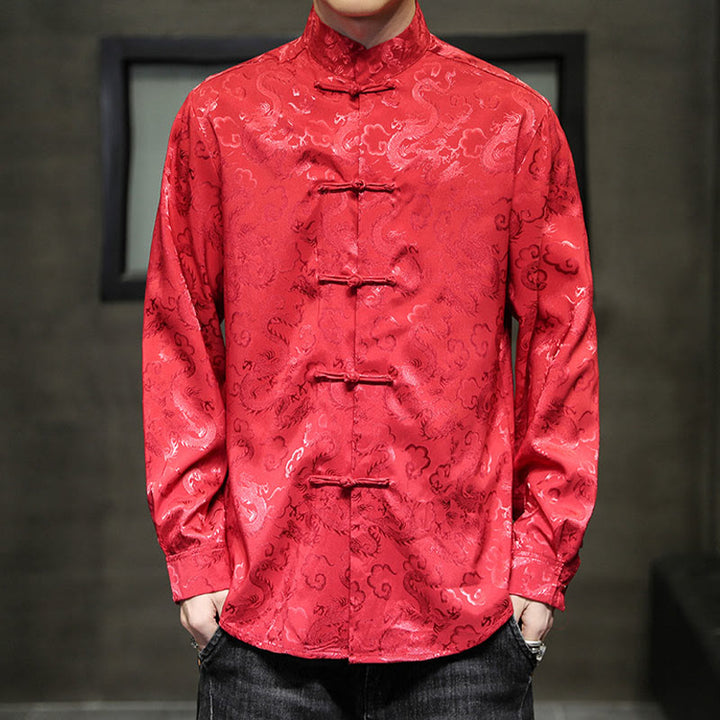 Buddha Stonesカジュアルドラゴン柄カエルボタン唐装リネンメンズジャケットシャツ - 赤 - US/UK/AU46、 EU56 (5XL) - image 47