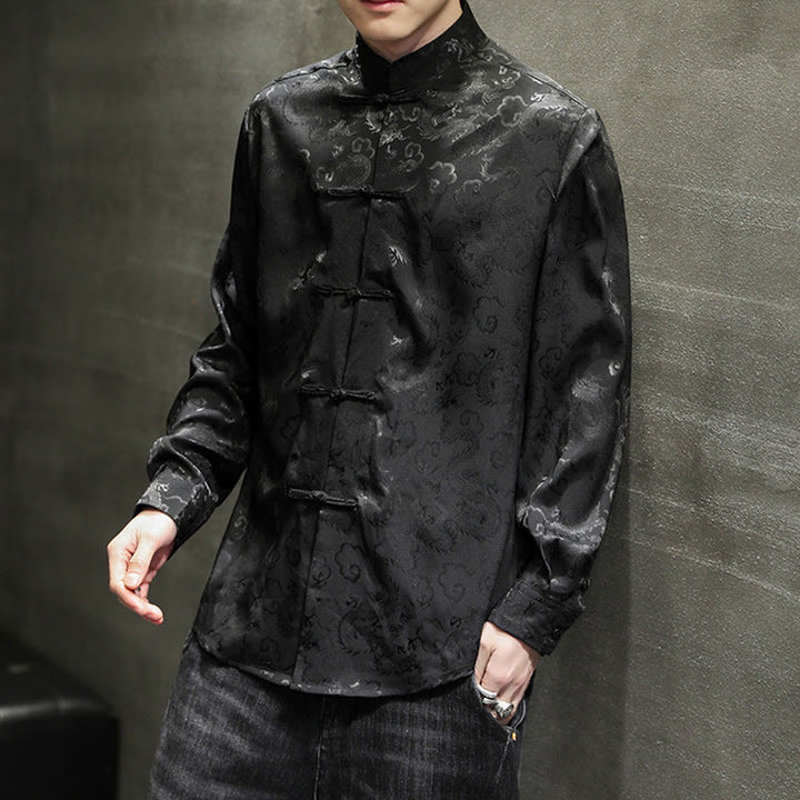 Buddha Stonesカジュアルドラゴン柄カエルボタン唐装リネンメンズジャケットシャツ - image 31