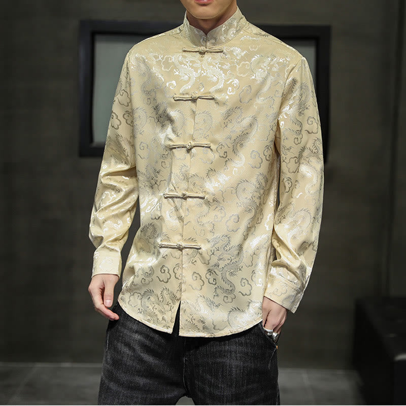 Buddha Stonesカジュアルドラゴン柄カエルボタン唐装リネンメンズジャケットシャツ - カーキ - US/UK/AU46、 EU56 (5XL) - image 38
