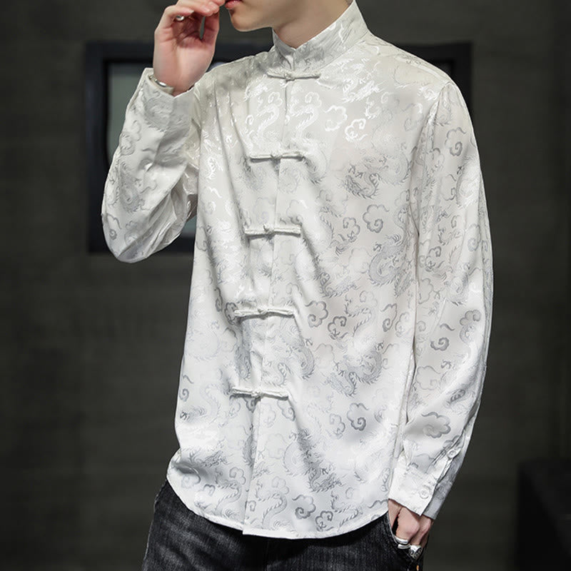 Buddha Stonesカジュアルドラゴン柄カエルボタン唐装リネンメンズジャケットシャツ - image 14