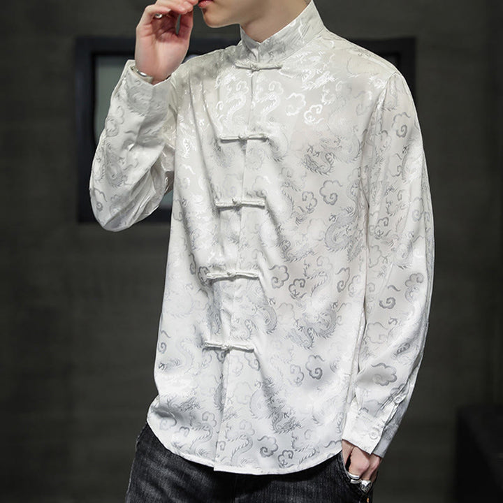 Buddha Stonesカジュアルドラゴン柄カエルボタン唐装リネンメンズジャケットシャツ - image 14