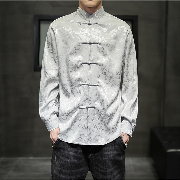Buddha Stonesカジュアルドラゴン柄カエルボタン唐装リネンメンズジャケットシャツ - 銀 - US/UK/AU46、 EU56 (5XL) - image 22