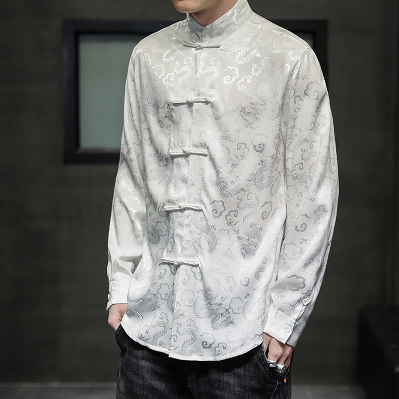 Buddha Stonesカジュアルドラゴン柄カエルボタン唐装リネンメンズジャケットシャツ - image 13