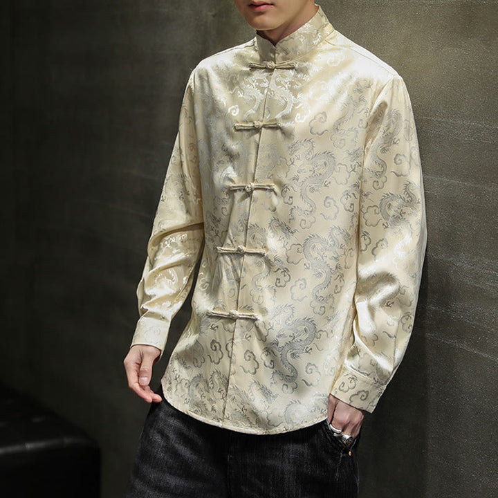 Buddha Stonesカジュアルドラゴン柄カエルボタン唐装リネンメンズジャケットシャツ - image 43