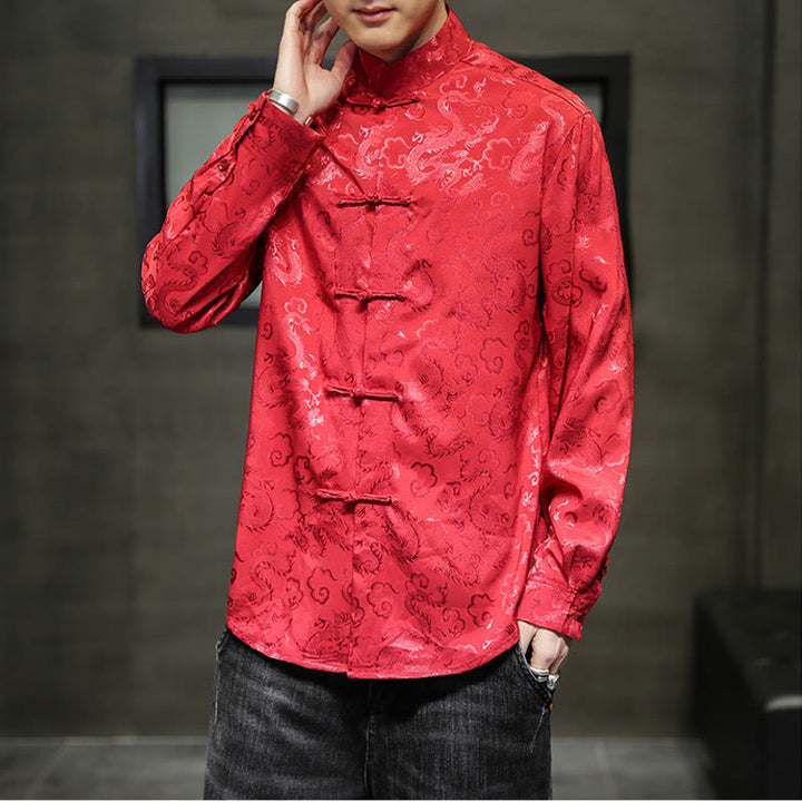 Buddha Stonesカジュアルドラゴン柄カエルボタン唐装リネンメンズジャケットシャツ - image 52