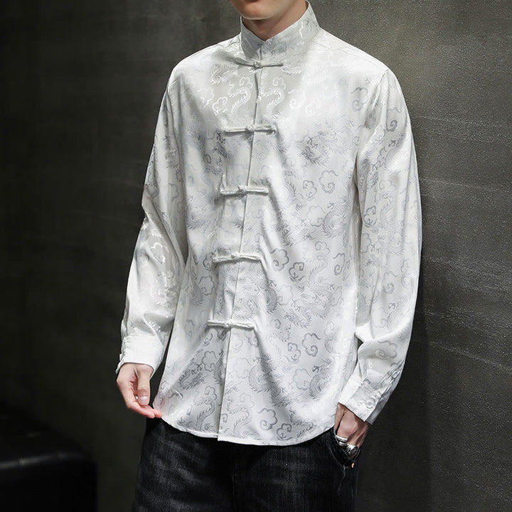 Buddha Stonesカジュアルドラゴン柄カエルボタン唐装リネンメンズジャケットシャツ - image 16
