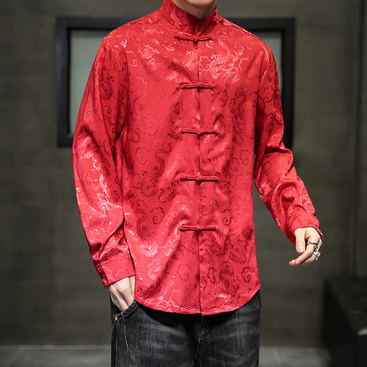 Buddha Stonesカジュアルドラゴン柄カエルボタン唐装リネンメンズジャケットシャツ - image 48
