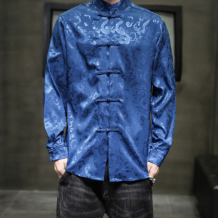 Buddha Stonesカジュアルドラゴン柄カエルボタン唐装リネンメンズジャケットシャツ - image 1