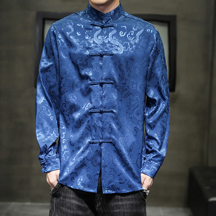 Buddha Stonesカジュアルドラゴン柄カエルボタン唐装リネンメンズジャケットシャツ - 青 - US/UK/AU46、 EU56 (5XL) - image 0