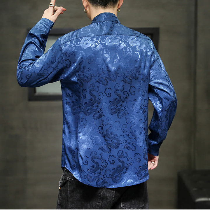 Buddha Stonesカジュアルドラゴン柄カエルボタン唐装リネンメンズジャケットシャツ - image 4