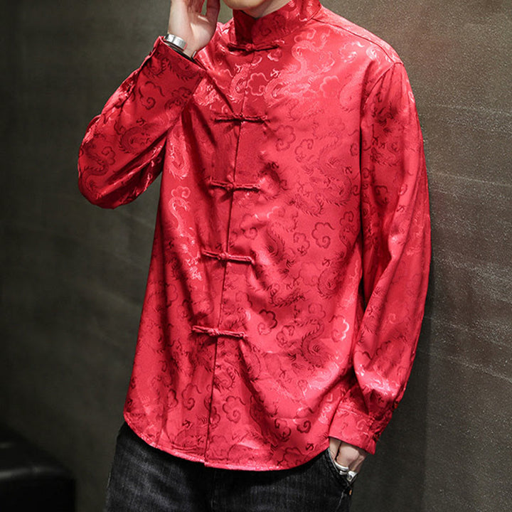 Buddha Stonesカジュアルドラゴン柄カエルボタン唐装リネンメンズジャケットシャツ - image 50