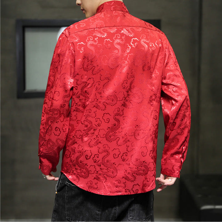 Buddha Stonesカジュアルドラゴン柄カエルボタン唐装リネンメンズジャケットシャツ - image 53