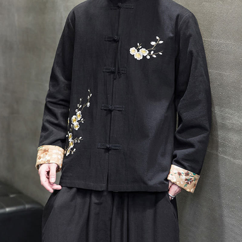Buddha Stones梅の花 刺繍 カフス 花柄 カエルボタン 唐装 コットンリネン メンズ ジャケット シャツ - image 6