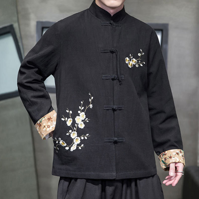 Buddha Stones梅の花 刺繍 カフス 花柄 カエルボタン 唐装 コットンリネン メンズ ジャケット シャツ - image 5