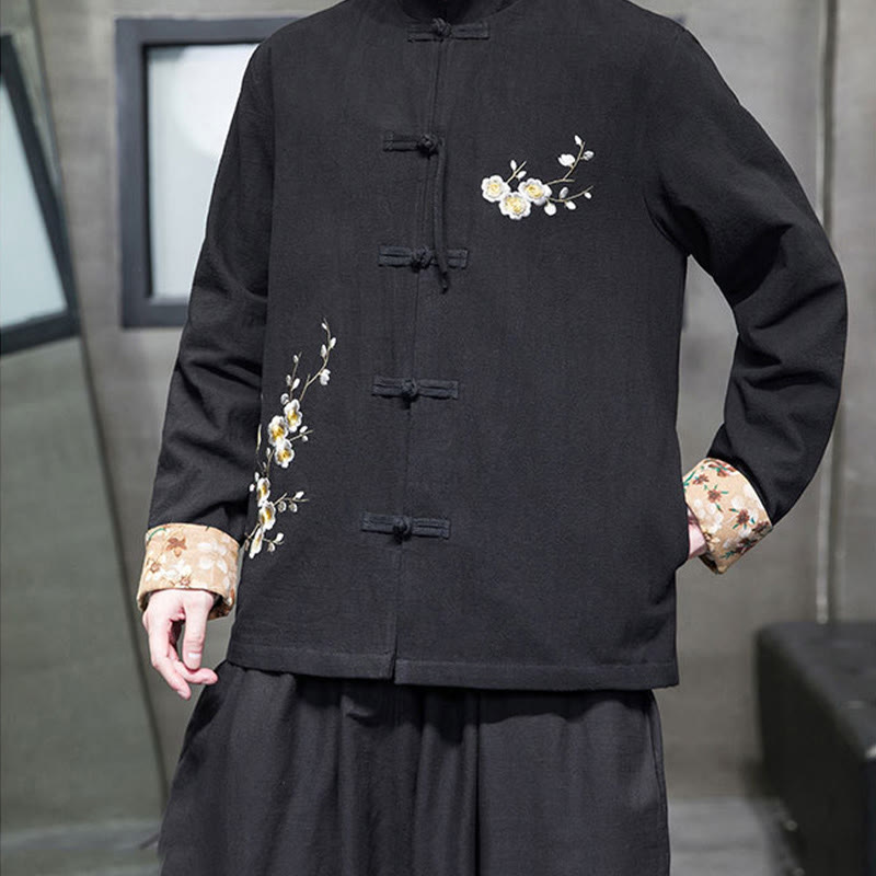 Buddha Stones梅の花 刺繍 カフス 花柄 カエルボタン 唐装 コットンリネン メンズ ジャケット シャツ - image 2