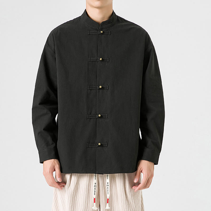 Buddha Stones無地 カエルボタン 唐装 コットン メンズ ジャケット シャツ  - 黒 - US/UK/AU46、 EU56 (5XL) - image 0