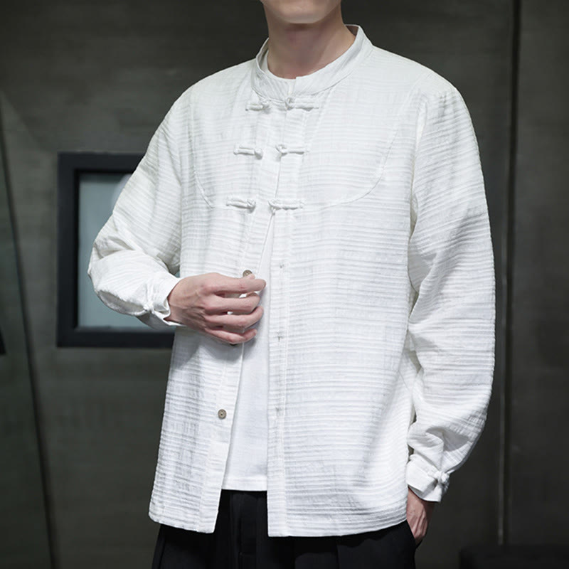 Buddha Stones無地 ハーフフロッグボタン 唐装 コットンリネン メンズ ジャケット シャツ - 白 - US/UK/AU46、 EU56 (5XL) - image 8