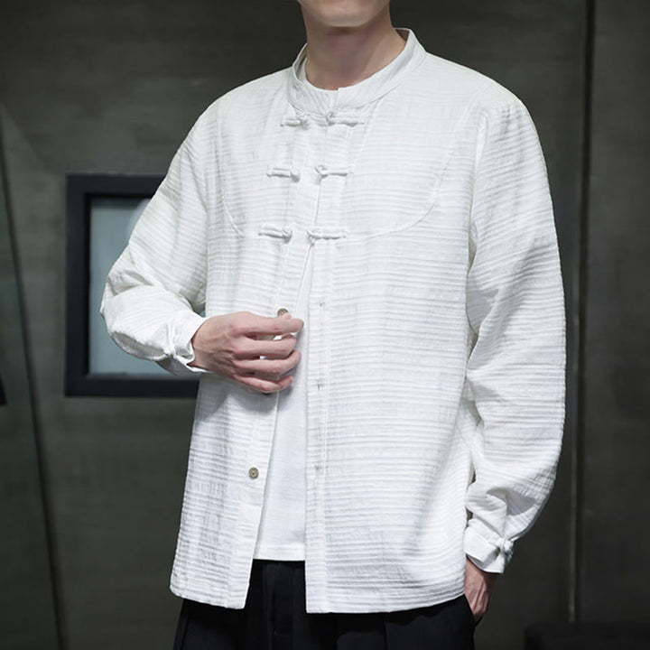 Buddha Stones無地 ハーフフロッグボタン 唐装 コットンリネン メンズ ジャケット シャツ - 白 - US/UK/AU46、 EU56 (5XL) - image 8