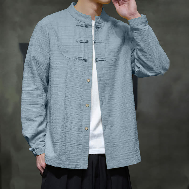 Buddha Stones無地 ハーフフロッグボタン 唐装 コットンリネン メンズ ジャケット シャツ - image 2