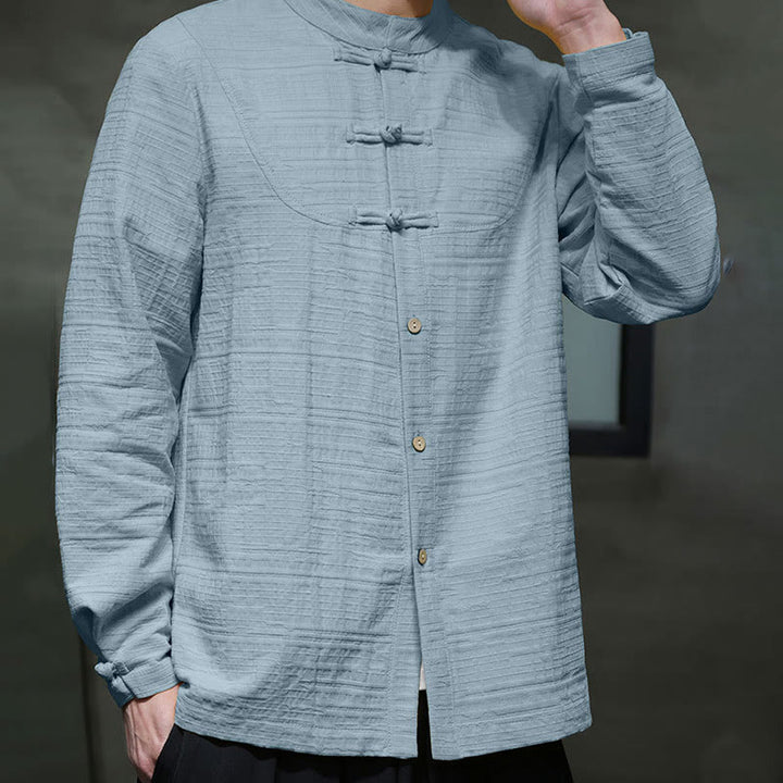 Buddha Stones無地 ハーフフロッグボタン 唐装 コットンリネン メンズ ジャケット シャツ - image 4