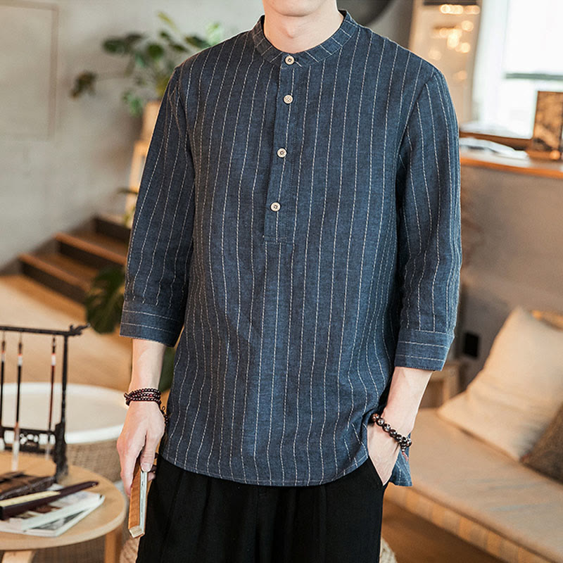 Buddha Stonesハーフボタン ストライプ 七分袖 リネン メンズシャツ - ダークブルー - US/UK/AU46、 EU56 (5XL) - image 0