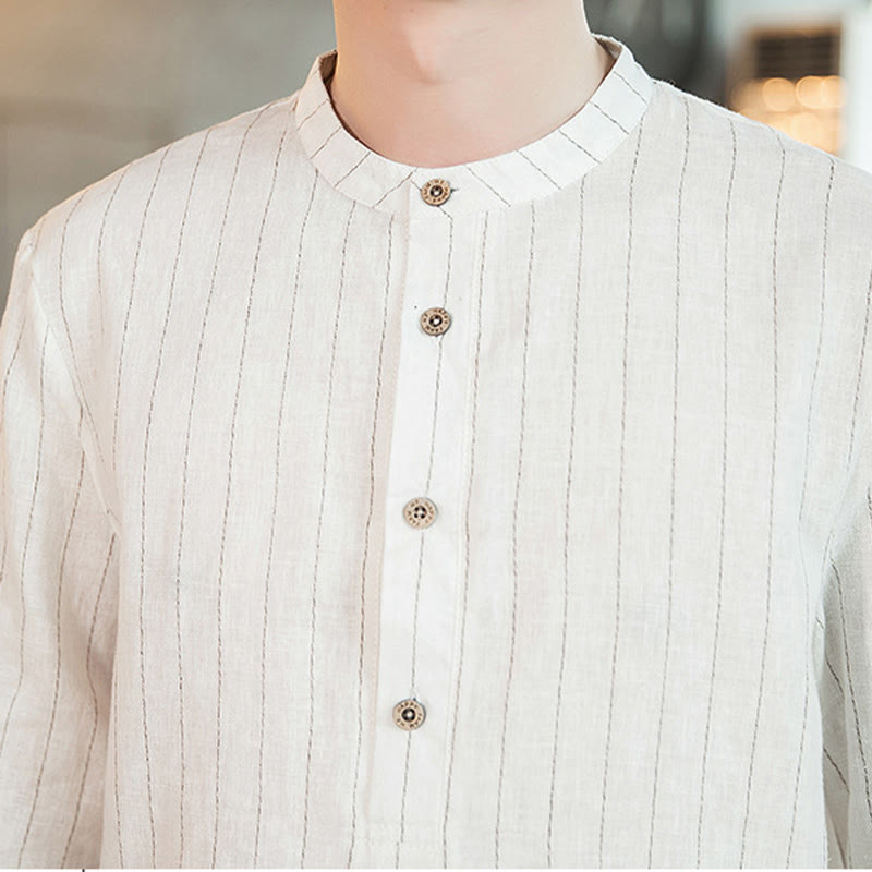 Buddha Stonesハーフボタン ストライプ 七分袖 リネン メンズシャツ - image 22