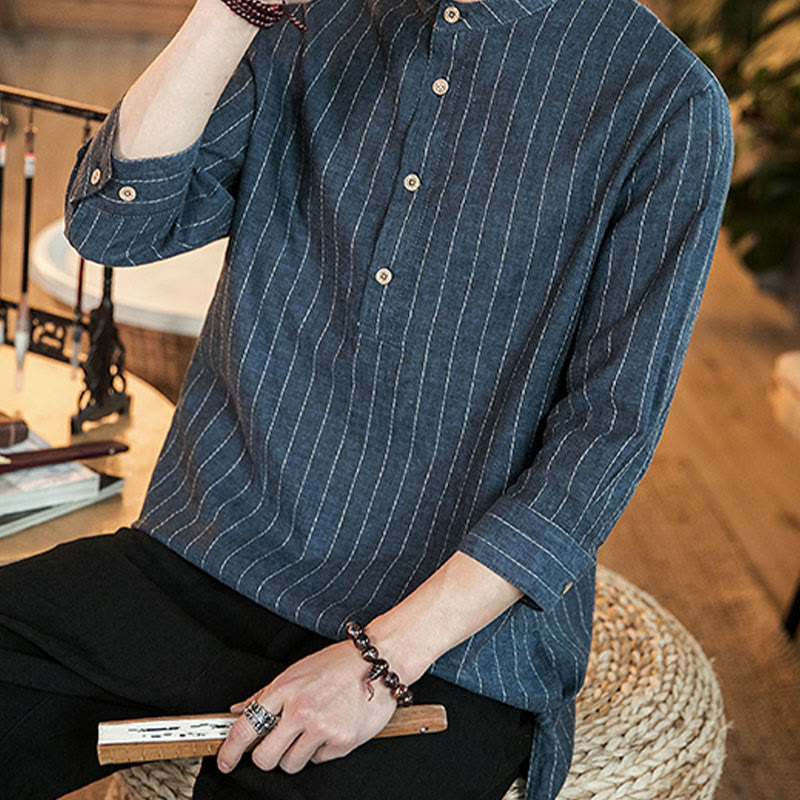 Buddha Stonesハーフボタン ストライプ 七分袖 リネン メンズシャツ - image 11