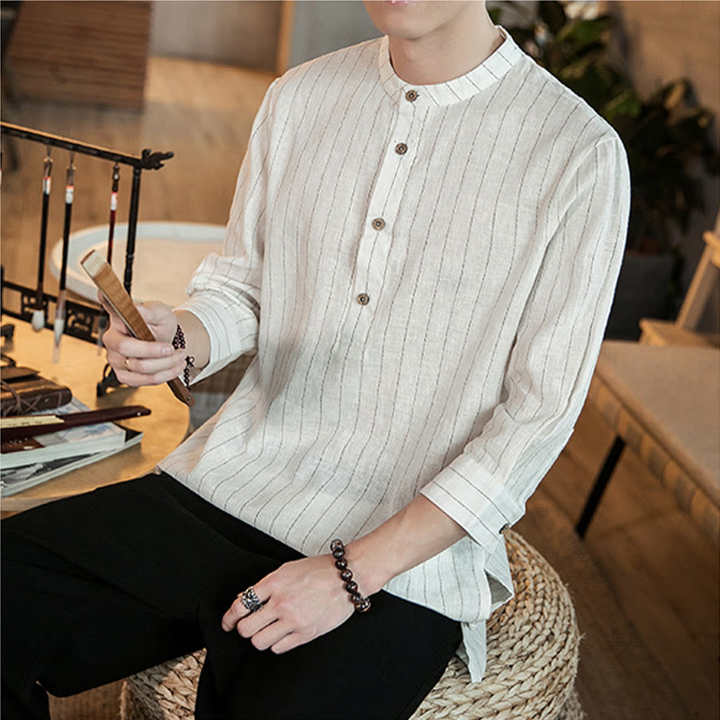 Buddha Stonesハーフボタン ストライプ 七分袖 リネン メンズシャツ - image 20