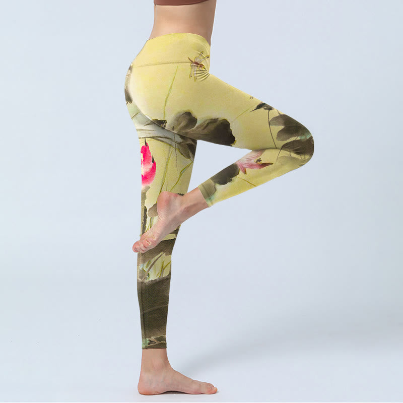 Buddha Stonesピンク 開花と未開花の蓮のプリント ジムレギンス レディース ヨガパンツ - image 4