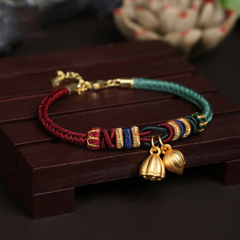 Buddha Stones999 スターリングシルバー 蓮の鞘デザイン 幸運の赤緑ストリングブレスレット
