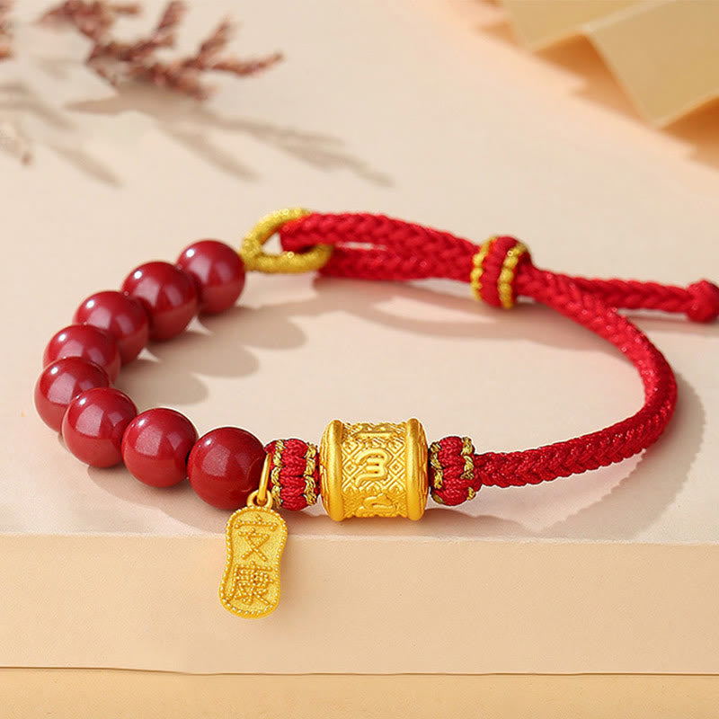 Buddha Stones999スターリングシルバー 6つの真実の言葉オーム・マニ・パドメ・フム辰砂 祝福の紐ブレスレット - 辰砂（手首周り：14～25cm） - image 0