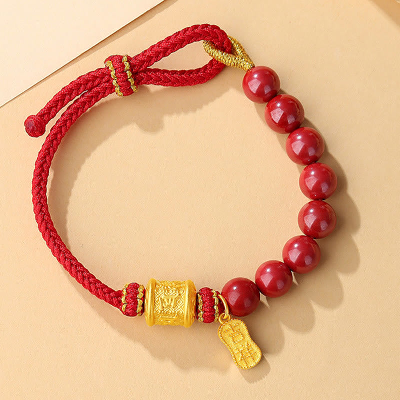 Buddha Stones999スターリングシルバー 6つの真実の言葉オーム・マニ・パドメ・フム辰砂 祝福の紐ブレスレット