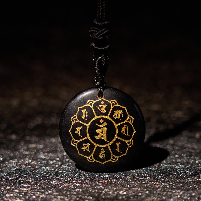 Buddha Stonesオーム・マニ・パドメ・フム天然水晶各種 黒曜石 強さのネックレスペンダント - ブラックオブシディアン - image 0