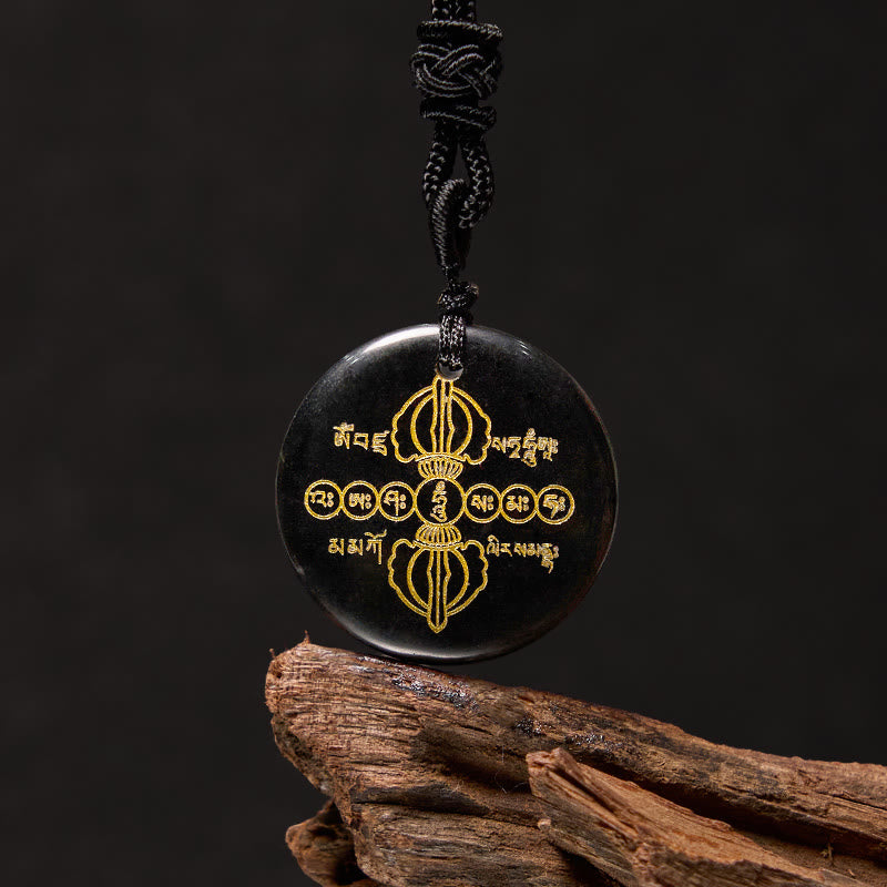 Buddha Stonesヴァジュラドルジェ サンスクリットパターン 天然各種クリスタル ブラックオブシディアン 成就ネックレスペンダント - ブラックオブシディアン - image 0