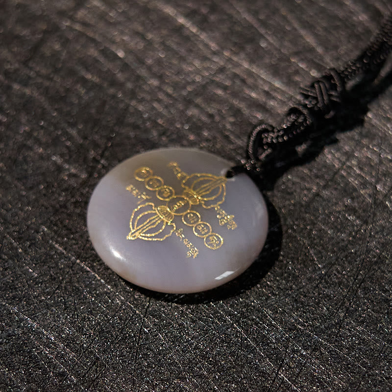 Buddha Stonesヴァジュラドルジェ サンスクリットパターン 天然各種クリスタル ブラックオブシディアン 成就ネックレスペンダント