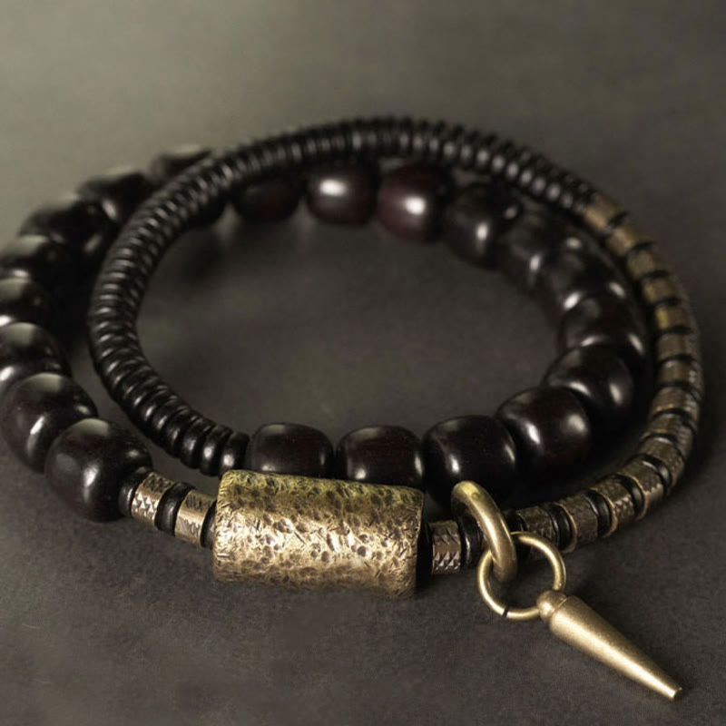 Buddha Stones黒檀 木 銅 真鍮 ヴィンテージ ビーズ コーン ダブルラップ バランスブレスレット