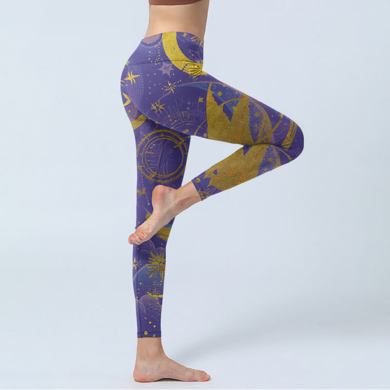 Buddha Stones、月、太陽、星柄のジムレギンス、レディースヨガパンツ - image 3