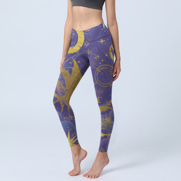 Buddha Stones、月、太陽、星柄のジムレギンス、レディースヨガパンツ - ダークバイオレット - US18、 UK/AU22、 EU50 (4XL) - image 0
