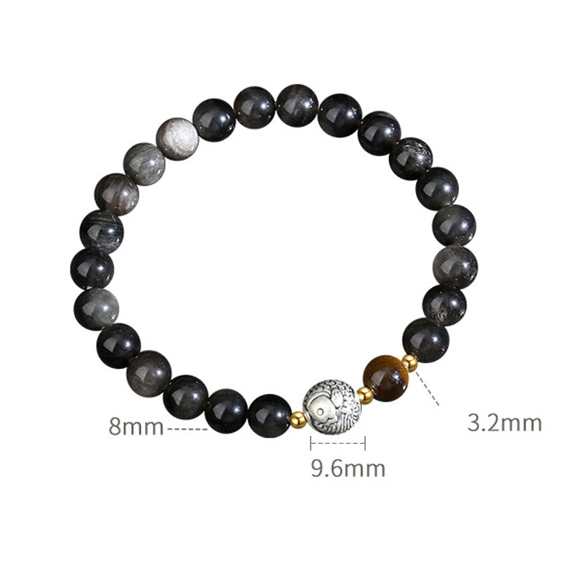 Buddha Stonesブラックオブシディアン 999スターリングシルバー タイガーアイ 925スターリングシルバー 鯉の浄化ブレスレット