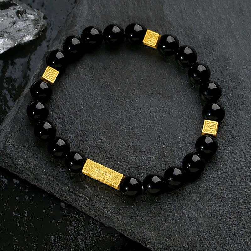 Buddha Stonesブラックオブシディアン 925 スターリングシルバー フーキャラクターキューブ強さブレスレット - 黒曜石ゴールド（手首周り：17～19cm） - image 0