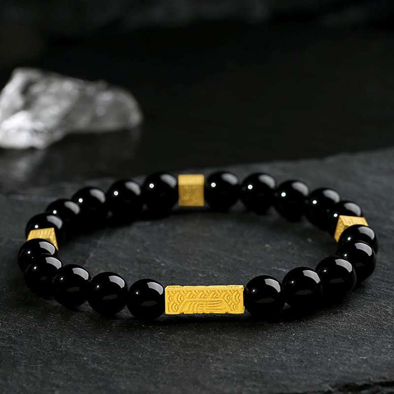 Buddha Stonesブラックオブシディアン 925 スターリングシルバー フーキャラクターキューブ強さブレスレット - image 1