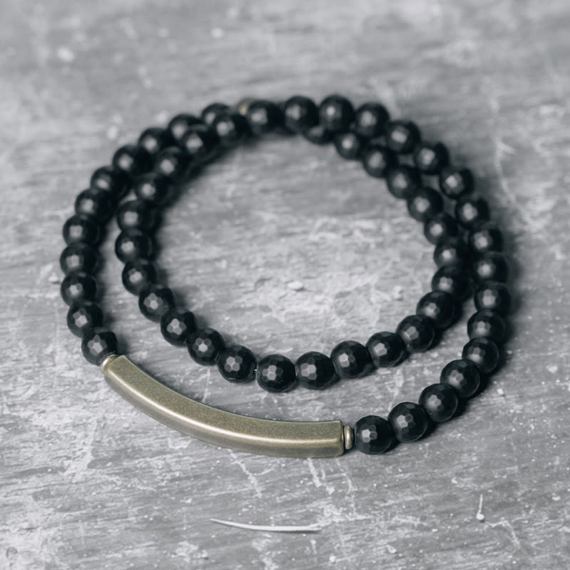 Buddha Stonesつや消しカット面 ブラックオニキス 銅 真鍮 ダブルラップ保護ブレスレット
